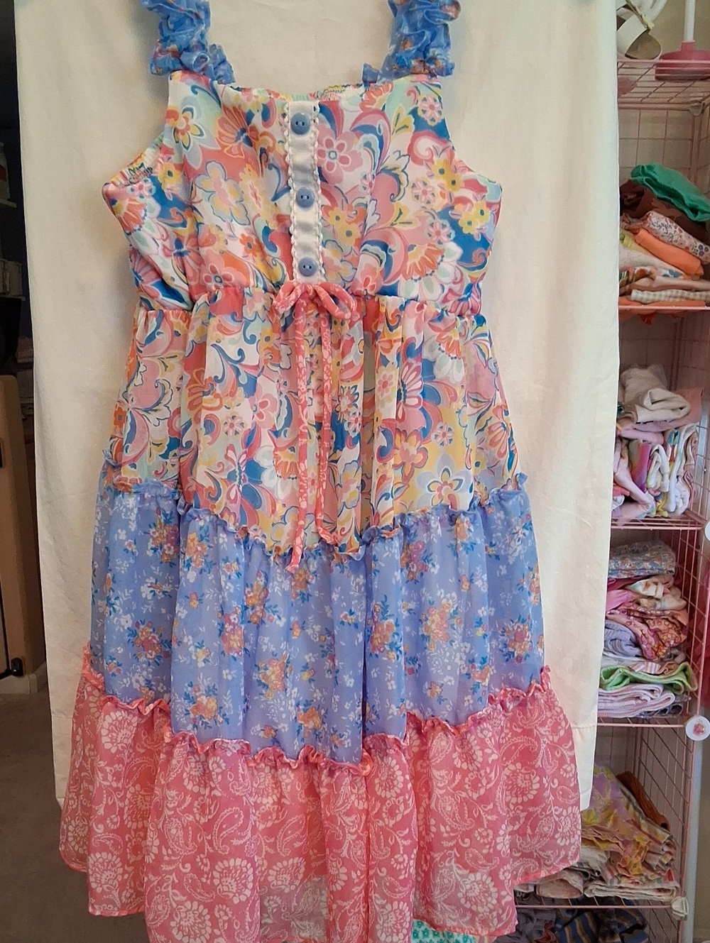 Jona Michelle Pink & Blue Tiered Floral Ruffle Dress
